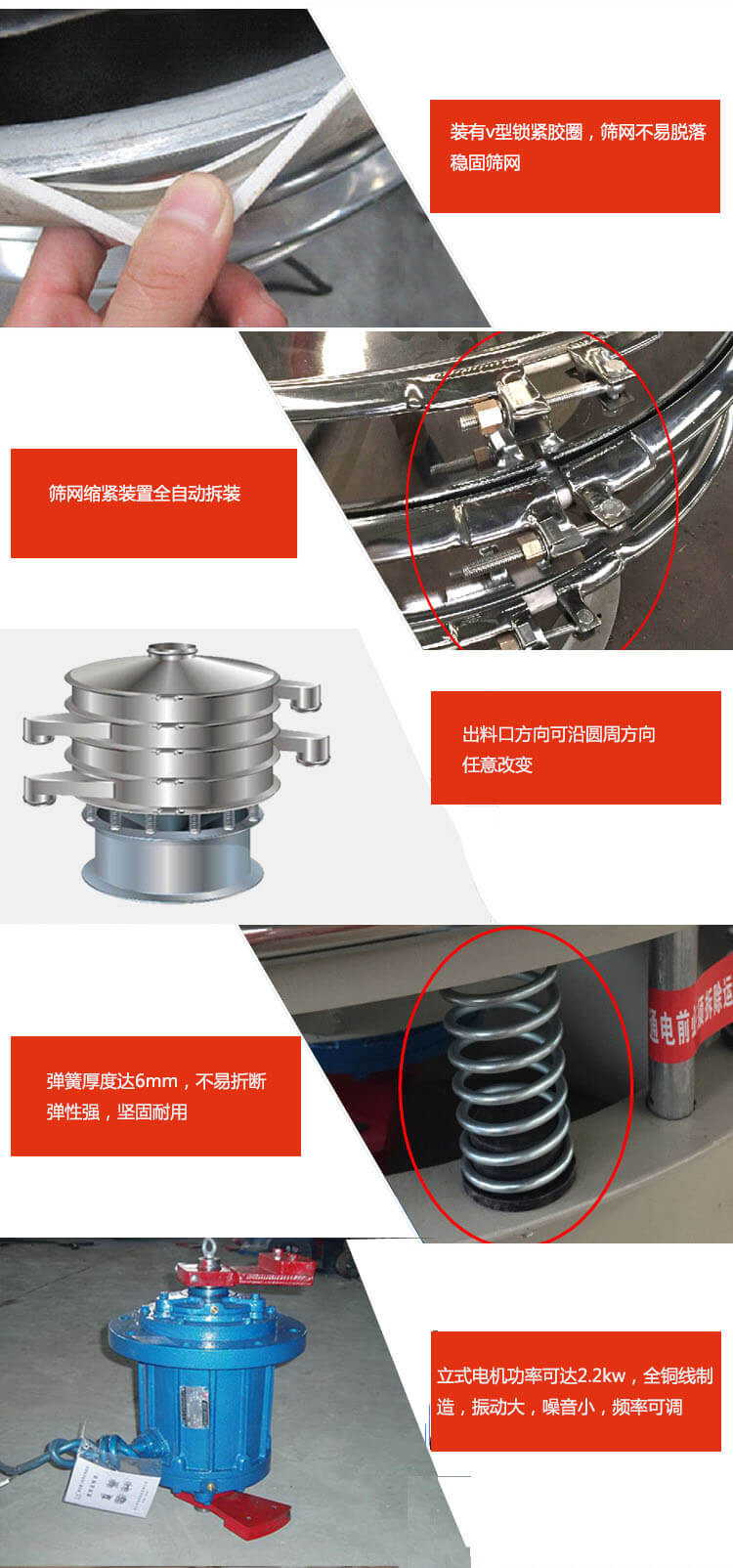 裝有V型鎖緊膠圈，使篩網(wǎng)不易脫落穩(wěn)固篩網(wǎng)，篩網(wǎng)鎖緊裝置，全自動(dòng)拆裝，出料口方向可沿圓周方向任意改變。彈簧厚度達(dá)6mm，不易折斷，彈性強(qiáng)，堅(jiān)固耐用。專業(yè)的振動(dòng)電機(jī)，全銅線制造，振動(dòng)大，機(jī)械噪音小，頻率可調(diào)。產(chǎn)品對(duì)比:材質(zhì)：大漢振動(dòng)篩廠家采用304不銹鋼材質(zhì)耐腐蝕性，耐熱性強(qiáng)。個(gè)別廠家采用其它金屬材質(zhì)，耐腐蝕性，耐熱性差蒸發(fā)緩慢，烘干效率較低。大漢振動(dòng)篩廠家采用金屬編織網(wǎng)，篩分精度高，效率高，篩網(wǎng)利用率高。